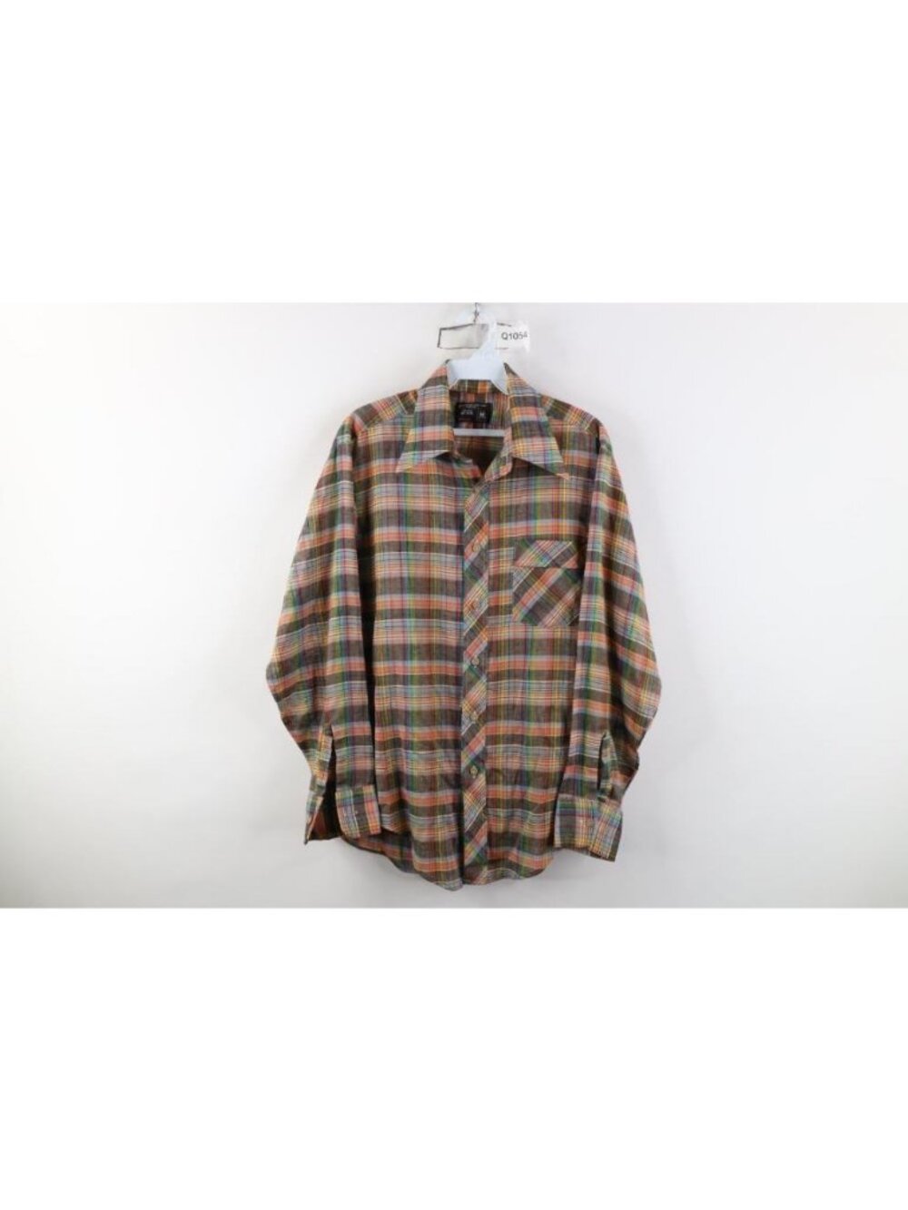 Vtg 70s Streetwear Mens M Burlap Knit Rainbow Plaid Dagger Collar Button Shirt
